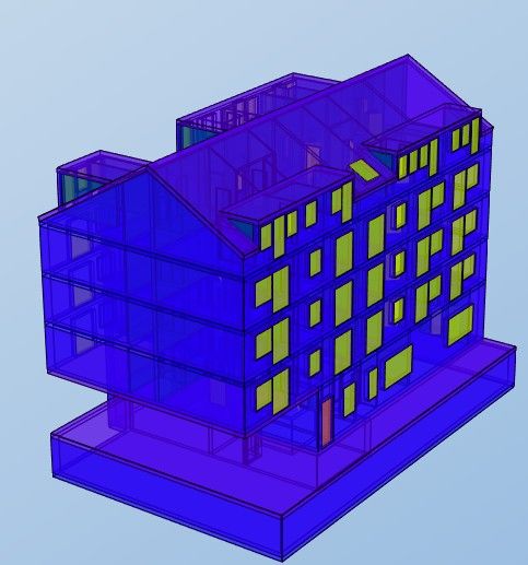 3D-Modell mit farblich dargestellten U-Werten der Bauteile